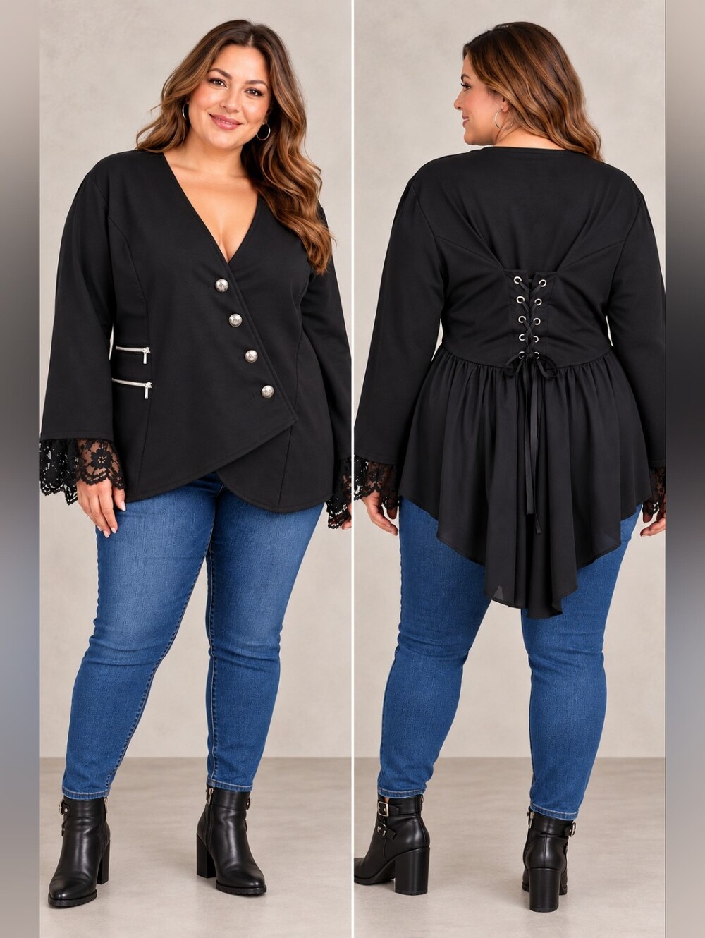 Romantic Gothic Lace Cuff Corset Back Asymmetrical Wrap Black Top Plus Size 5x
